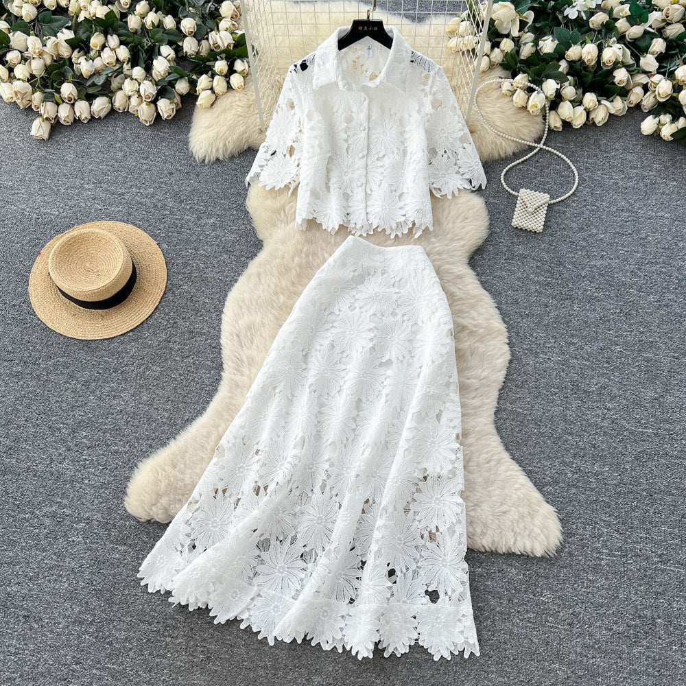 French chic cutout lace two-piece set: women's spring/autumn fashion commute outfit - short sleeve top & high-waisted midi skirt