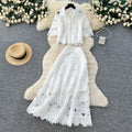 French chic cutout lace two-piece set: women's spring/autumn fashion commute outfit - short sleeve top & high-waisted midi skirt