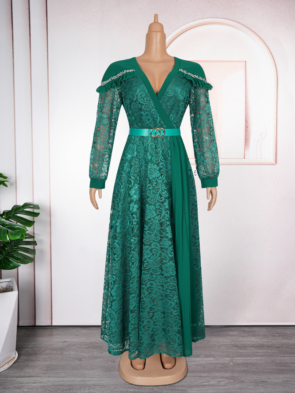 Amazon fashion cross-border export young lady style waist patchwork lace dress women's plus size elegance long skirt