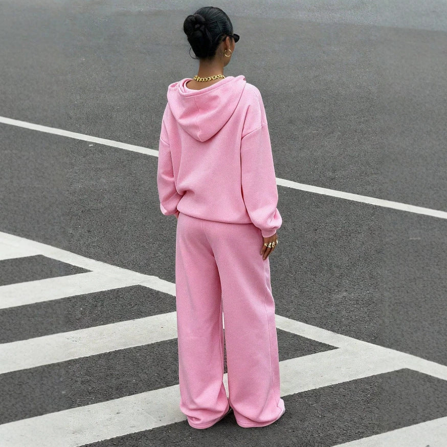 fashion  fall and winter new pink fleece-linedsuit sports knitting pullover shirt and wide-leg pants two pieces