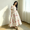 European and american  summer new sweet vacation style puff sleeve square neck rose print cinched waist dress