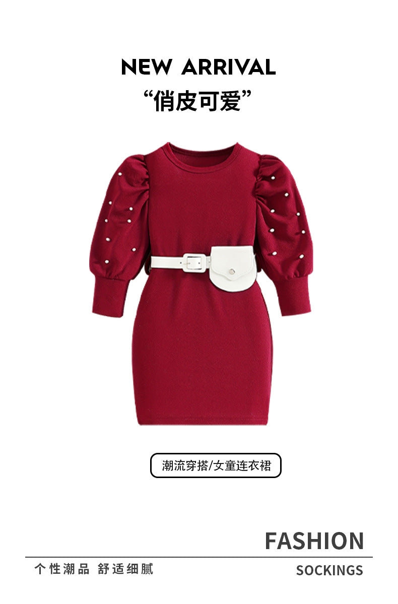 retrogirldress red round neck lantern sleeves belt waist bag pearl decoration fall and winterkids skirt