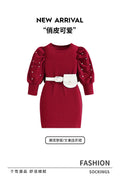 retrogirldress red round neck lantern sleeves belt waist bag pearl decoration fall and winterkids skirt