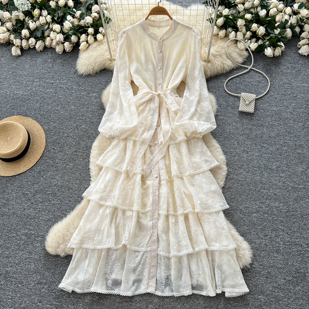 French chic lace patchwork tie-waist ruffle hem dress - women's autumn slimming elegant maxi dress