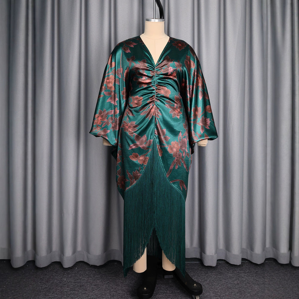 African new print batwing sleeve v-neck dress - printed drawstring waist tassel maxi dress bubudress