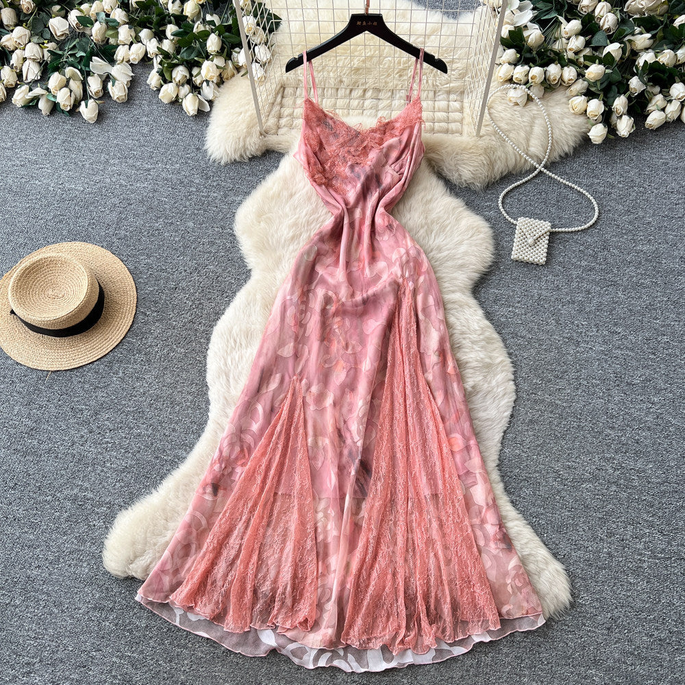 French riviera style pink floral print cami dress - women's summer korean high-waisted sleeveless slimming elegant maxi dress