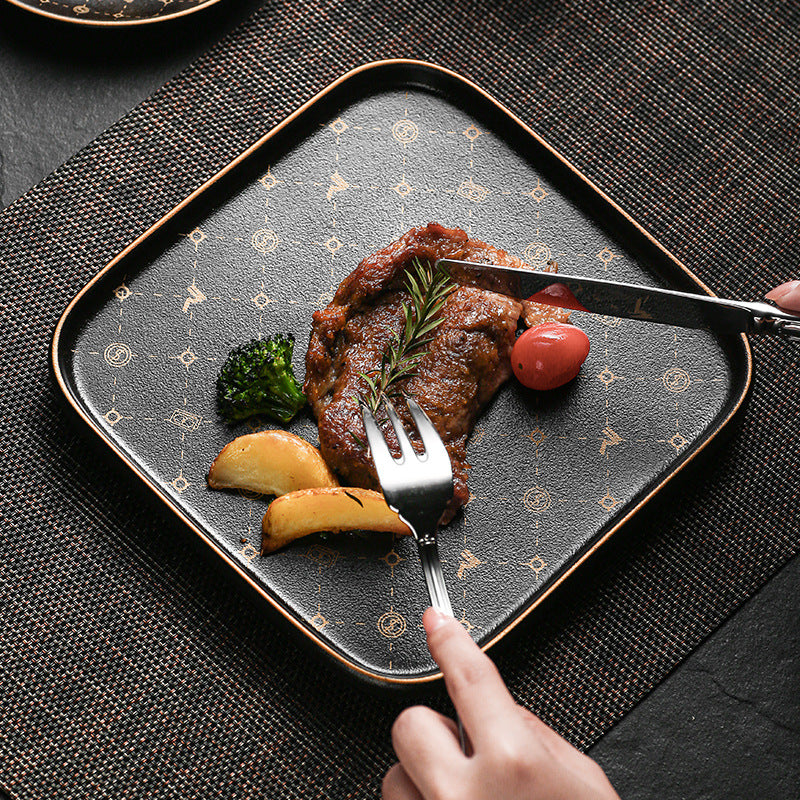 Creative black matte steak plate western dinner plate home nordic high-end dinner plate flat plate with rim restaurant hotel