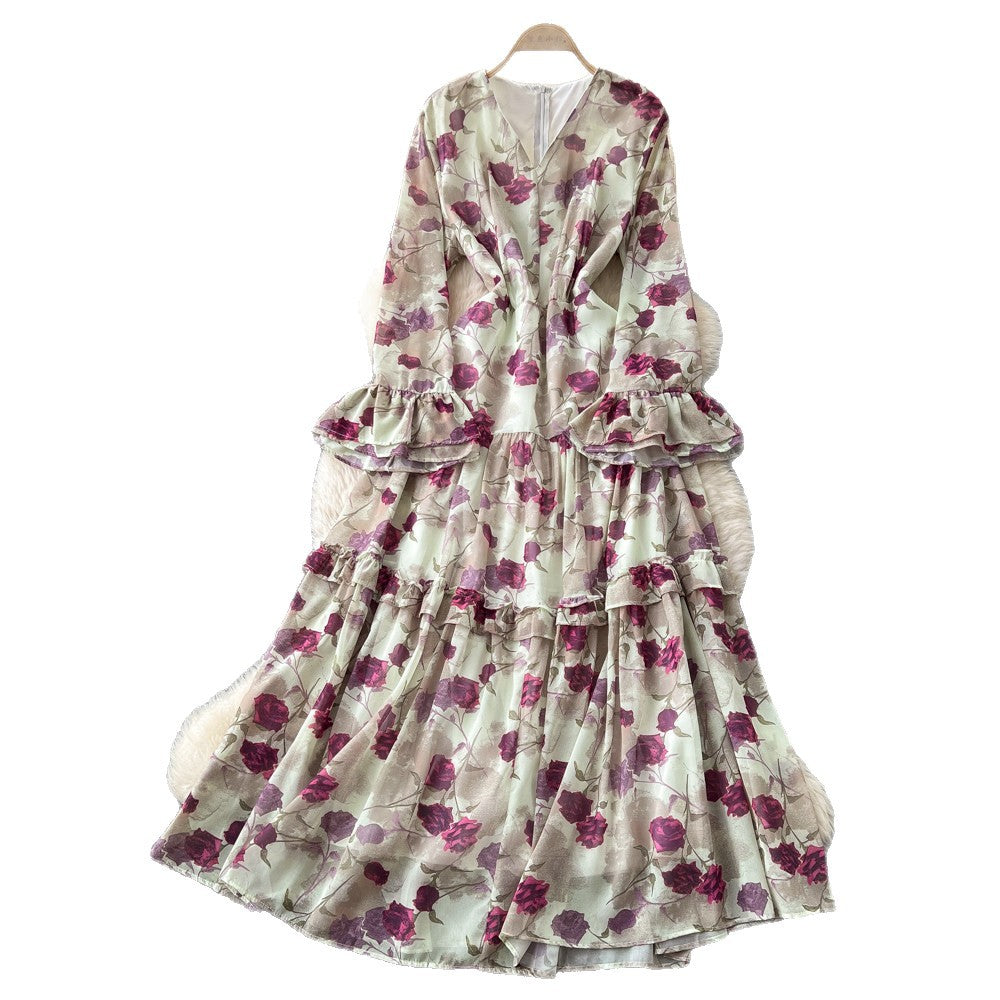French riviera-inspired printed v-neck dress - women's long sleeve tie-waist maxi dress - slim fit, work-ready