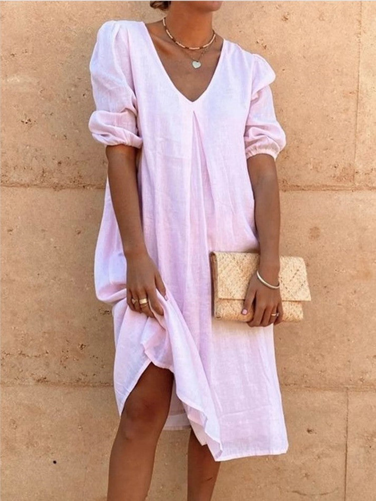 european and american cross-border   cotton linen solid color fashion mid-length long sleeve casual midi dress