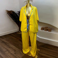 European and american cross-border women's fashion:  summer new collection - stylish tie-waist color block short sleeve shirt and wide-leg pants set