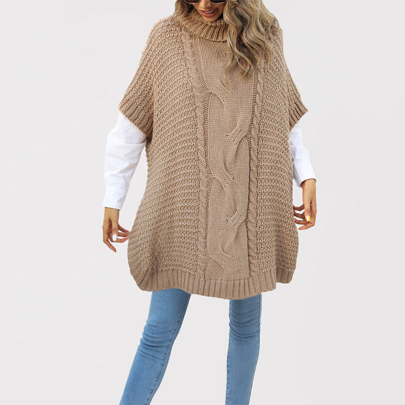 Cross-border women's clothing autumn and winter 2025 new turtleneck twist shawl knitted sweater loose half-sleeved  vest sweater