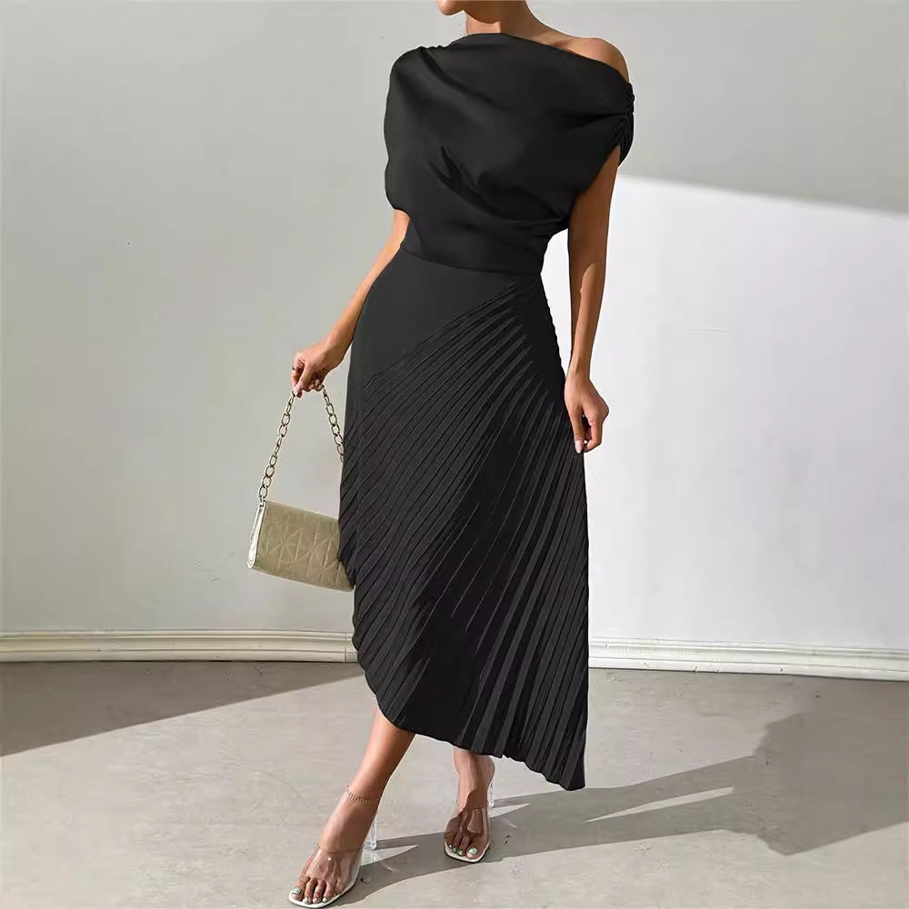 Amazon fashion summer new arrivalelegance oblique shoulder one-line collar pleated hip covering sense of design asymmetricaldress women