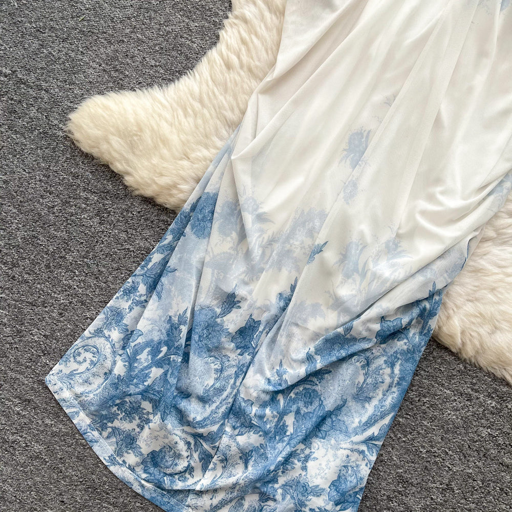 Blue and white porcelain style suspender printingdress women's summer asymmetricalsense of design pinch waistelegant long skirtwork clothing outfit