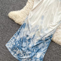 Blue and white porcelain style suspender printingdress women's summer asymmetricalsense of design pinch waistelegant long skirtwork clothing outfit