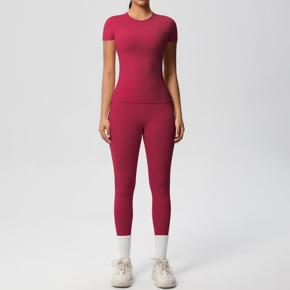 Ready-to-ship, solid color, double-sided brushed, breathable, form-fitting, two-piece activewear set for fitness, running, and yoga
