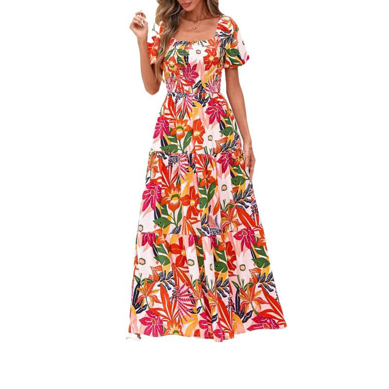 Amazon fashion short-sleeved square neck pleated dresssummernew arrivala-line elegant beach skirt