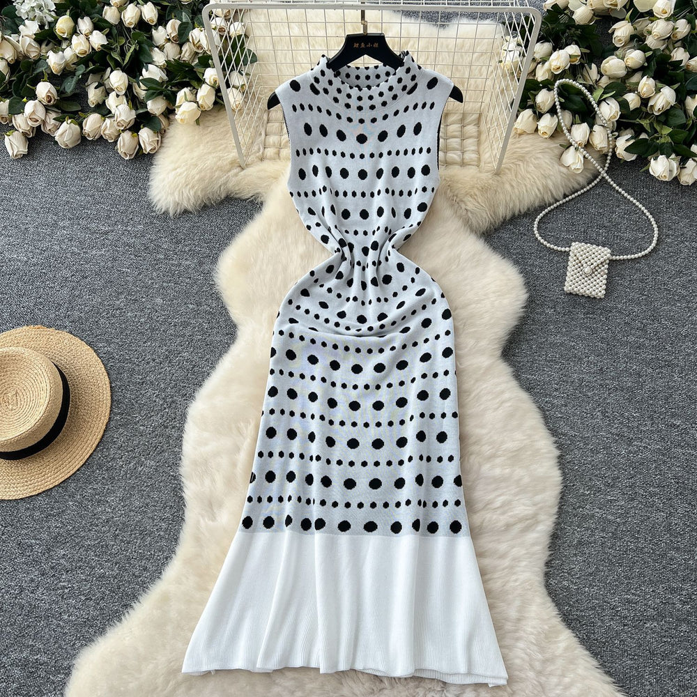 Elegant polka dot sleeveless knit dress - slim fit, figure-flattering, and chic for summer