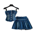 Western cowboy style bandeau vest pleated skirt two-piece set - women's spring/summer slimming, age-defying, and versatile outfit