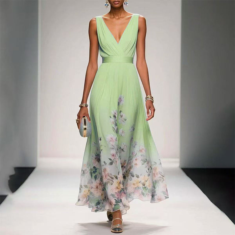 women's summer new arrivals:  cross-border fashion - elegant and chic printed v-neck bodycon maxi dress