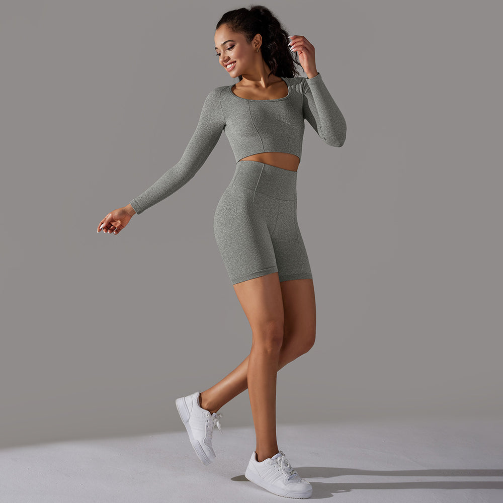 fashion seamless knittingpure color polka dot high elastic tight breathable yoga suit running fitness two-piece set