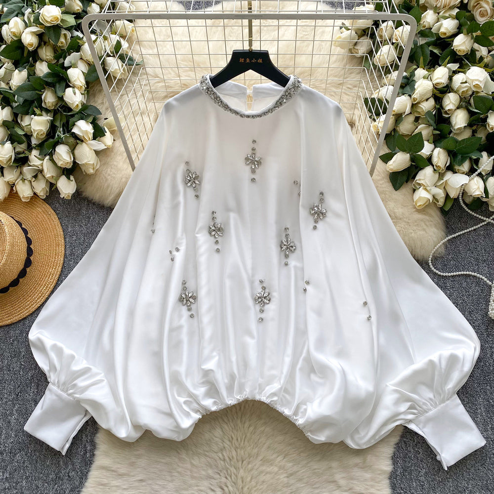 European and american fashion heavy-duty rhinestone embellished round neck lantern sleeve satin blouse - women's autumn fashion loose fit, slimming, and figure-flattering top