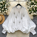 European and american fashion heavy-duty rhinestone embellished round neck lantern sleeve satin blouse - women's autumn fashion loose fit, slimming, and figure-flattering top