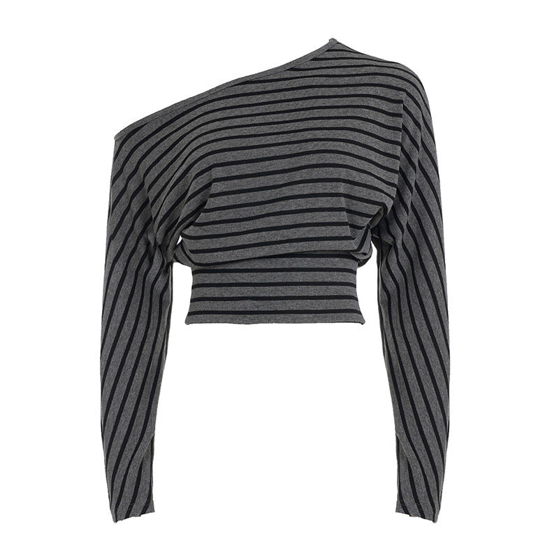 American retrostripesprintingloose shoulder t-shirt women's autumexporteasiest for matchins waist new arrivaltops