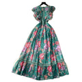Frenchelegancedress women's new arrivalretrolacepatchwork waist elegantprintingruffleslong skirt