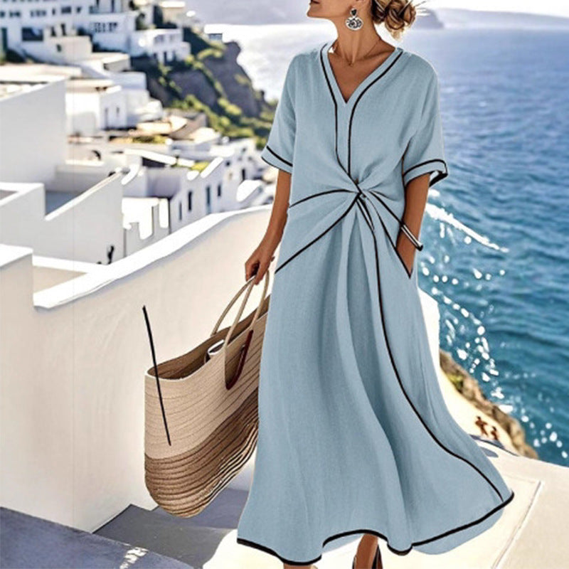 european and american women's clothing: new summer collection - polished bohemian style, elegant v-neck, slimming, vacation-ready dress