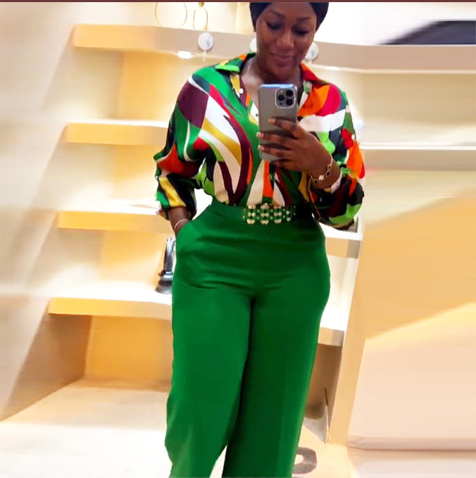 sourcing: african casual fashion two-piece set - printed long-sleeve shirt and pants outfit with belt