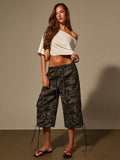 Fashionjeans women's camouflage drawstring waist three-quarter workwear american multi-flap pocket pants side drawstring jeans
