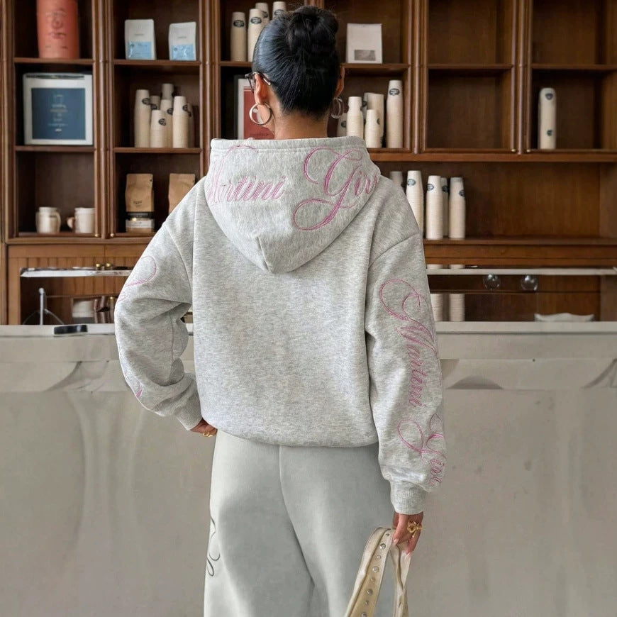 Amazon fashion cross-border  new arrival women's embroider hooded sweatshirt with pink floral lettering on the back and double sleeves