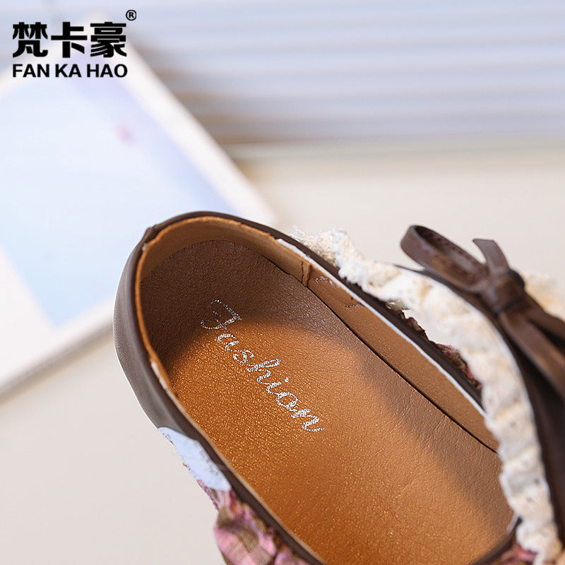 Vancahao kids' lace-up leather shoes,  autumn new collection, korean style girls' fashion soft sole bow princess shoes