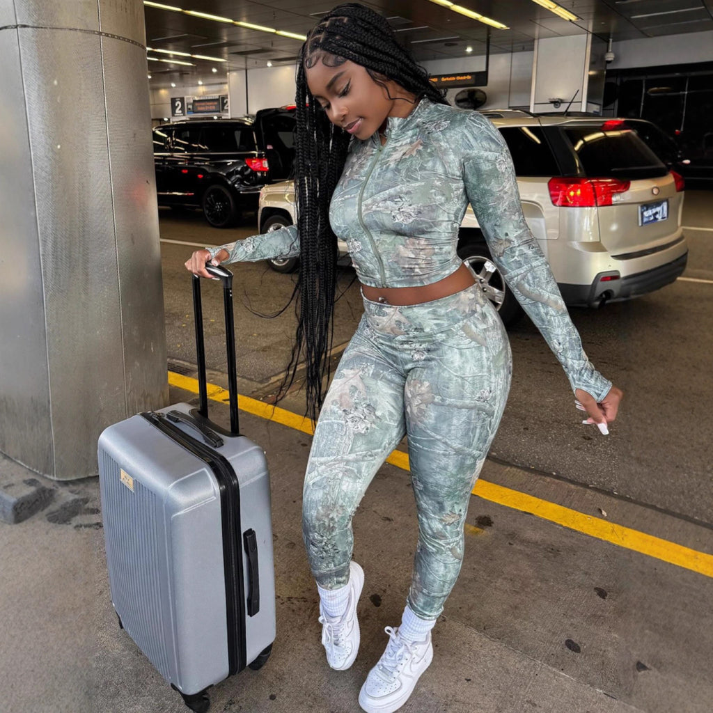 Cross-border European and American style 2025 new fashion printing slim-fitting long-sleeved open-button zipper cardigan trousers two-piece set