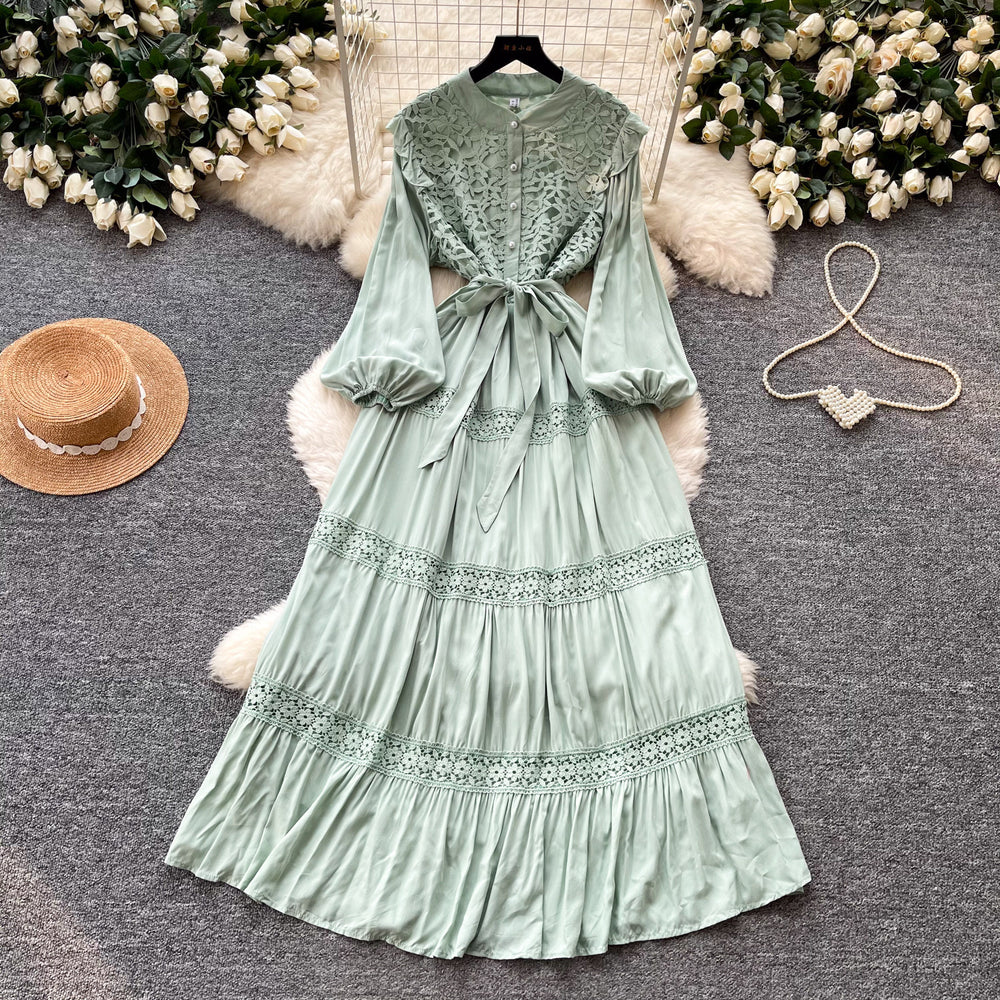French retro court style lace hollow-out maxi dress - stand collar, summer korean style, long sleeve, cinched waist a-line dress for women