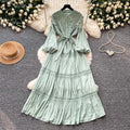 French retro court style lace hollow-out maxi dress - stand collar, summer korean style, long sleeve, cinched waist a-line dress for women