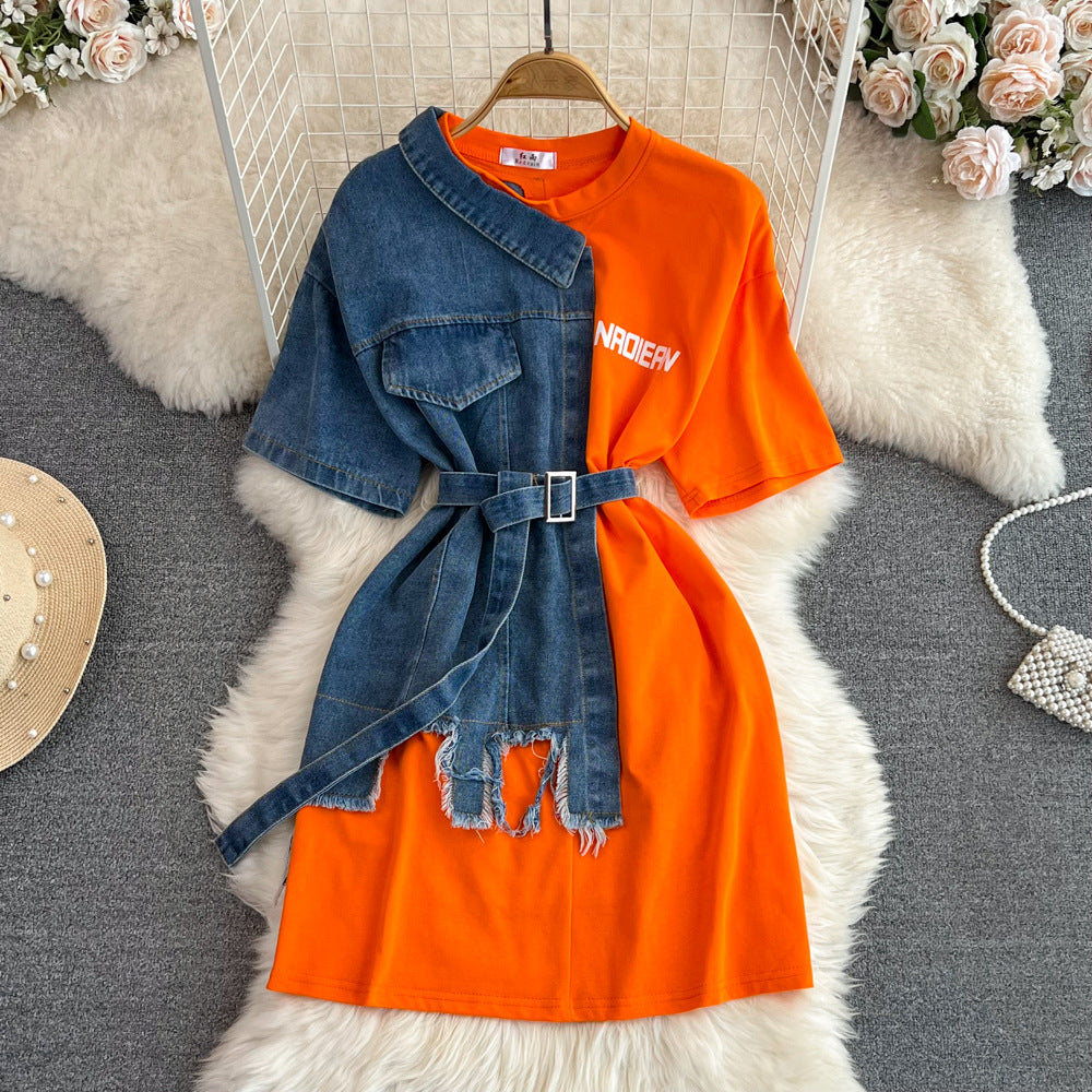 Retro hong kong style elegant waist with belt round neck color matching denim shirt spring new arrivalchiccasual medium length tops