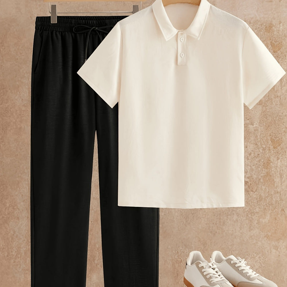 Men's summer linen-feel suit set: short-sleeve polo shirt + casual pants, versatile business two-piece outfit