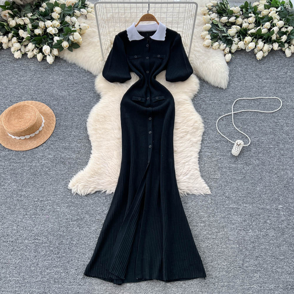Classy sense of nichefashionablecontrast colorpolo collar puff sleeve dress female summerfrench waist knitting long skirt
