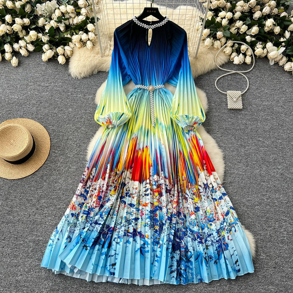 European and american high-end elegant women's fashion beaded round neck hollow-out pleated lantern sleeve cinched waist printed maxi dress
