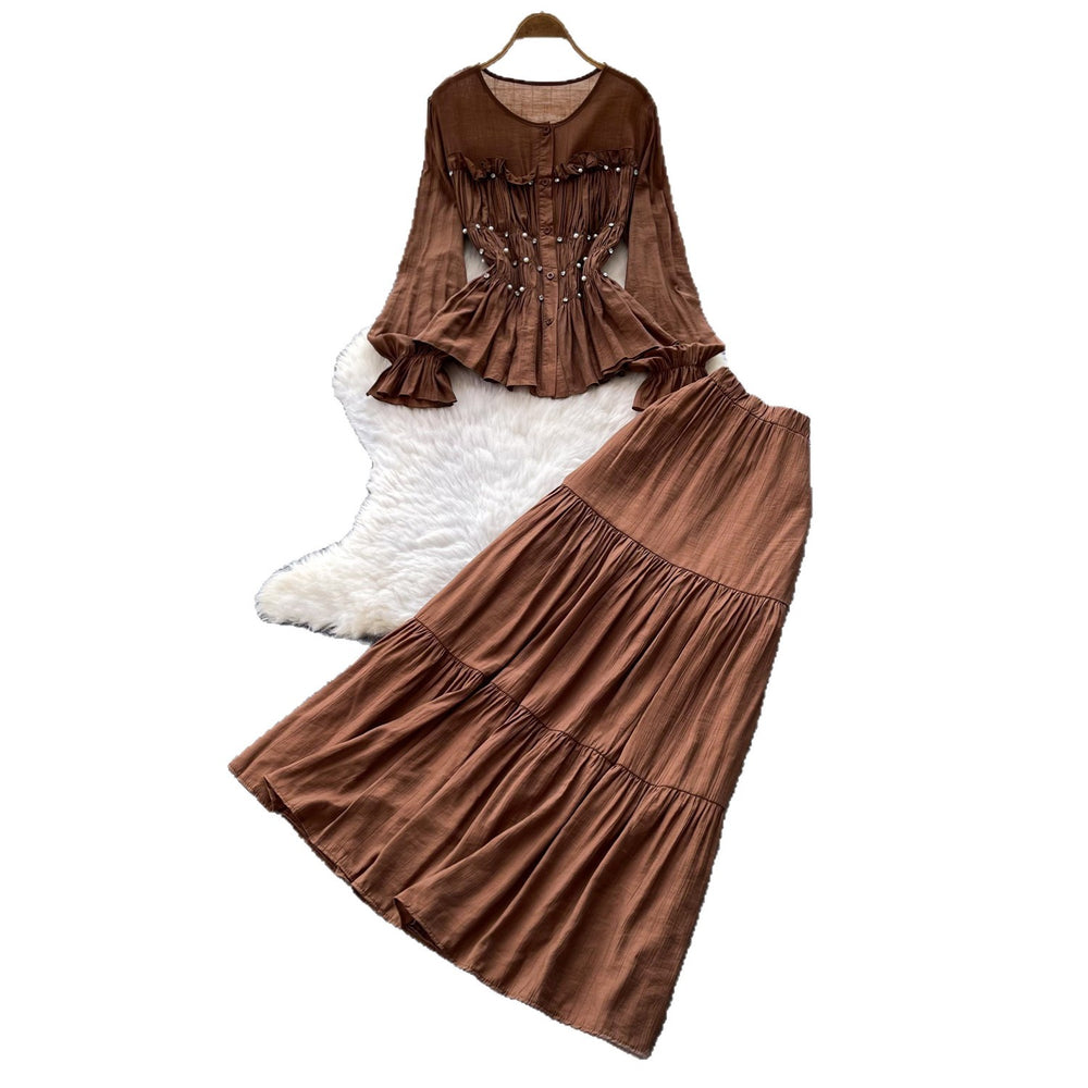 French chic slim-fit long sleeve shirt and midi skirt set - autumn workwear, figure-flattering, versatile two-piece