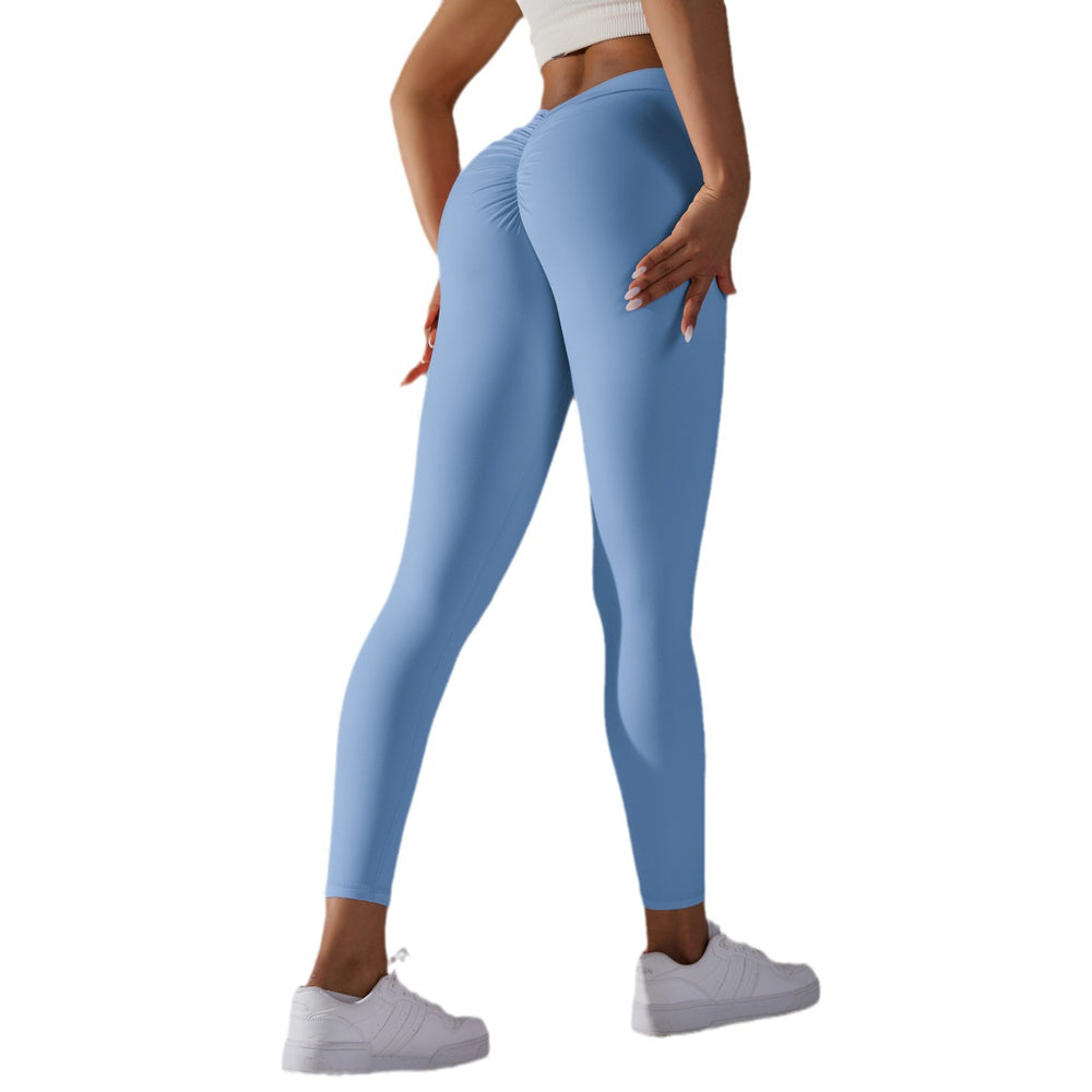 fashion brushed v-waist pleated pure color peach butt yoga pants sports running fitness tight nine-point pants
