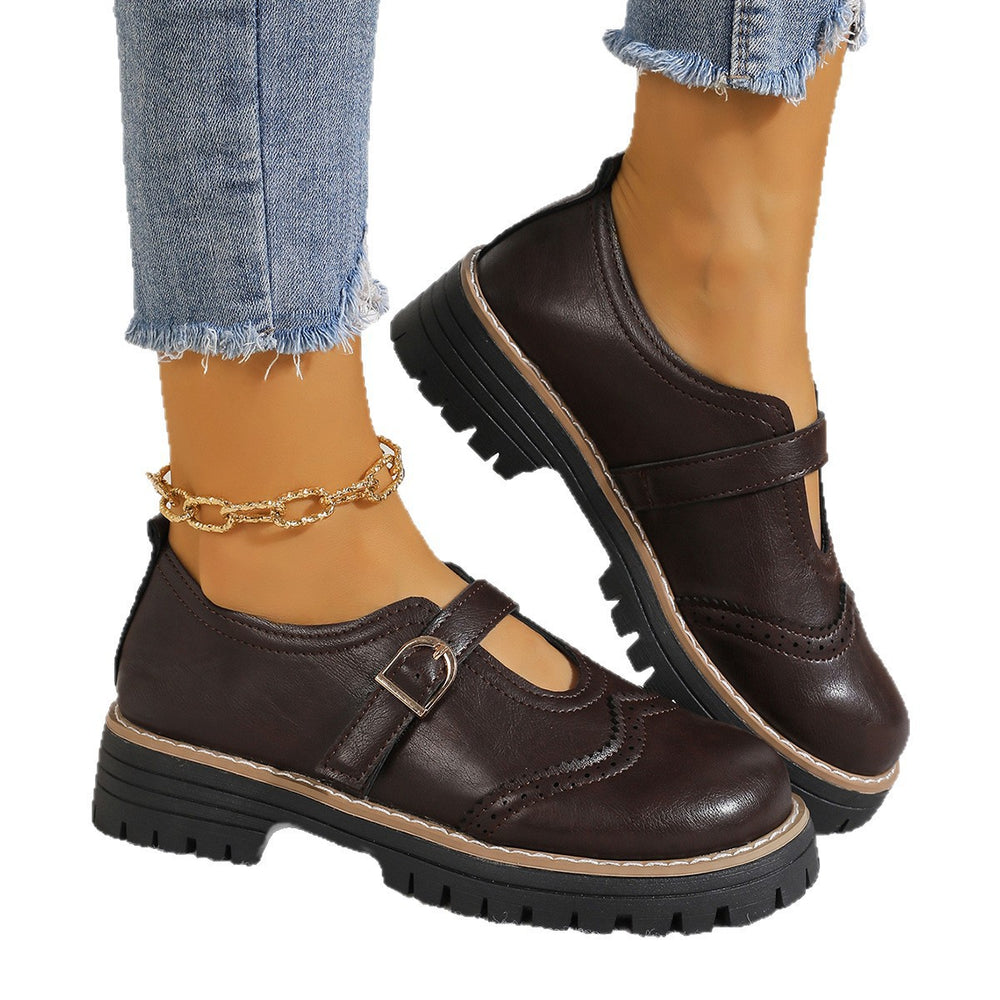 Exportplus size british style thick sole loafers for women  new belt buckle carved cut out small leather shoes wholesale