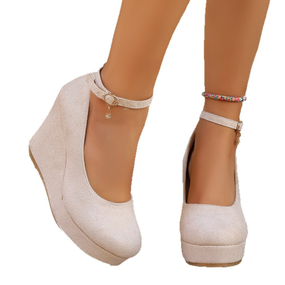 Exportplus sizespring & fallnew arrival wedge flats women's waterproof platform fashion round toe super high heel one-word buckle flatsflats