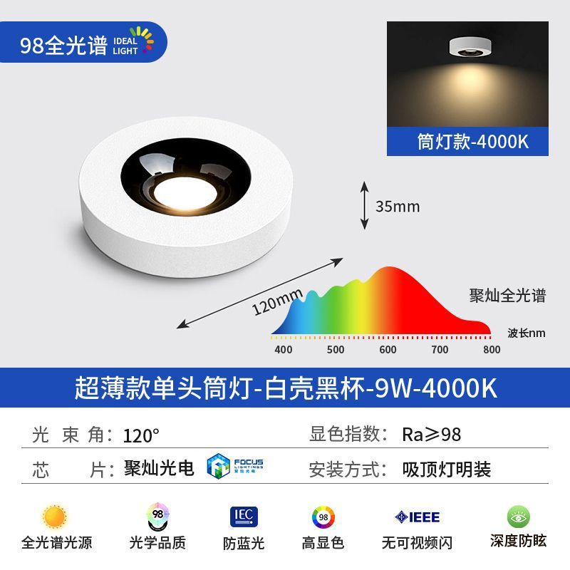 Ultra-thin round surface-mounted downlight normcore full spectrum led no main light lighting ceiling anti-glare single head small bold lamp