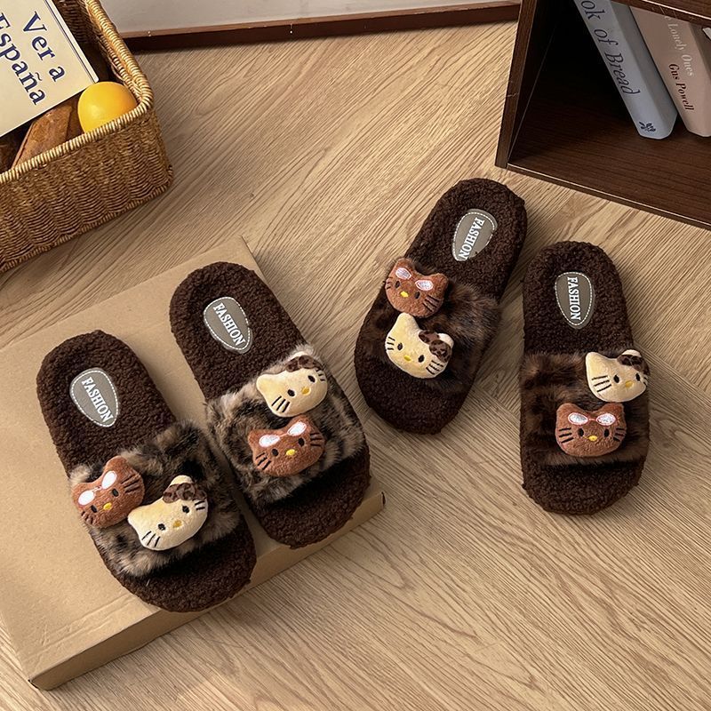 Cute leopard print kt fuzzy slippers - women's new autumn/winter 2025 indoor/outdoor non-slip cotton slippers - student dorm wholesale