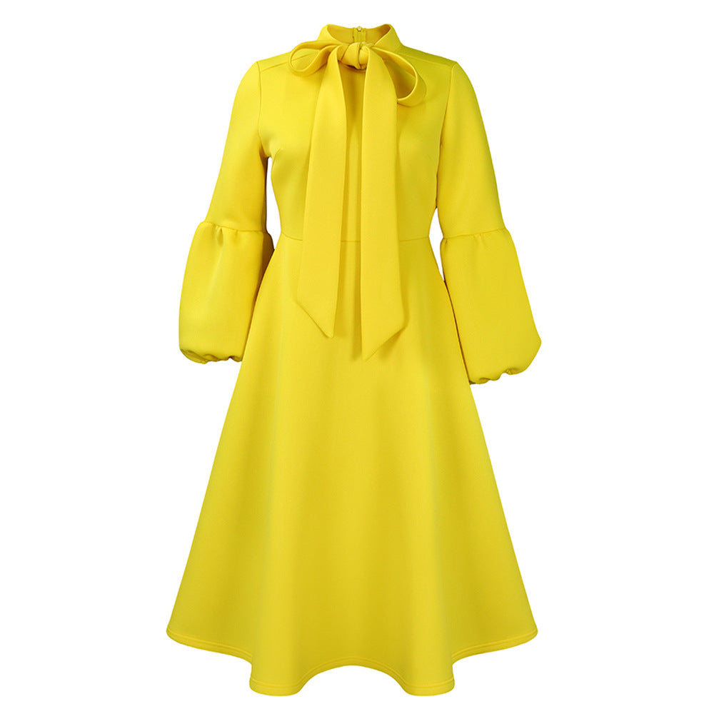 Independent station export women's clothing spring new arrival puff sleeves bowstie back large skirt high waist dress fashiondress