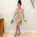 X5207 cross-border new arrival: european and american fashion women's sexy nightclub cutout slit mesh see-through rhinestone dress