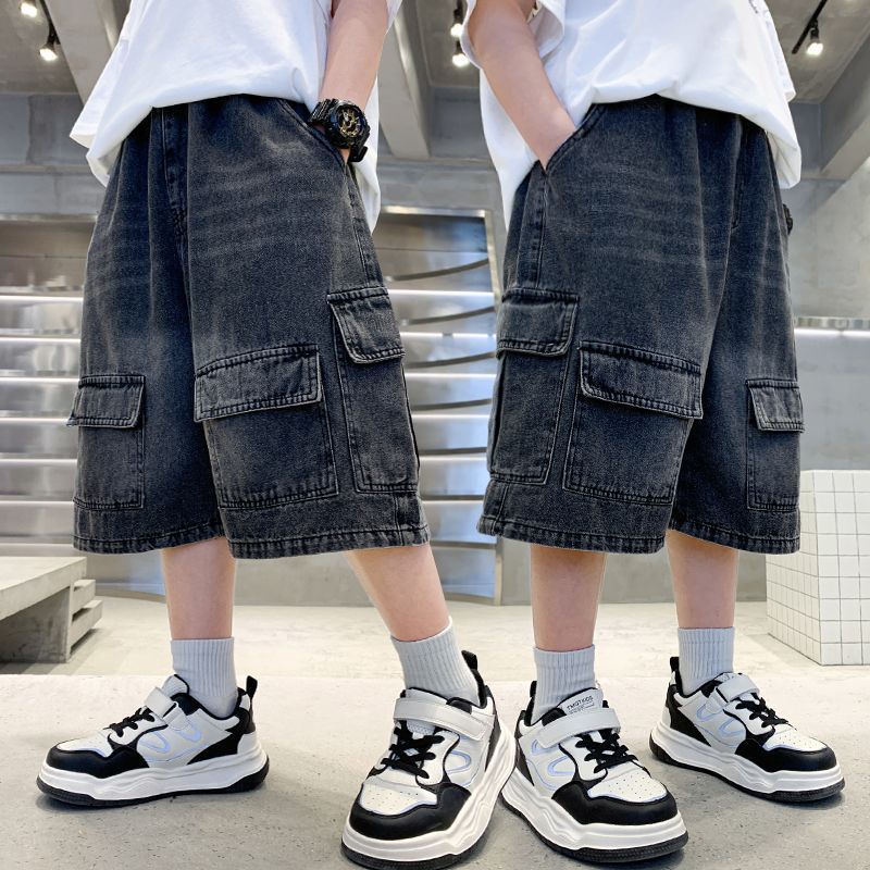 Boys' summer denim shorts: new stylish mid-length shorts for older boys, cool summer workwear-style capris