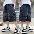 Boys' summer denim shorts: new stylish mid-length shorts for older boys, cool summer workwear-style capris